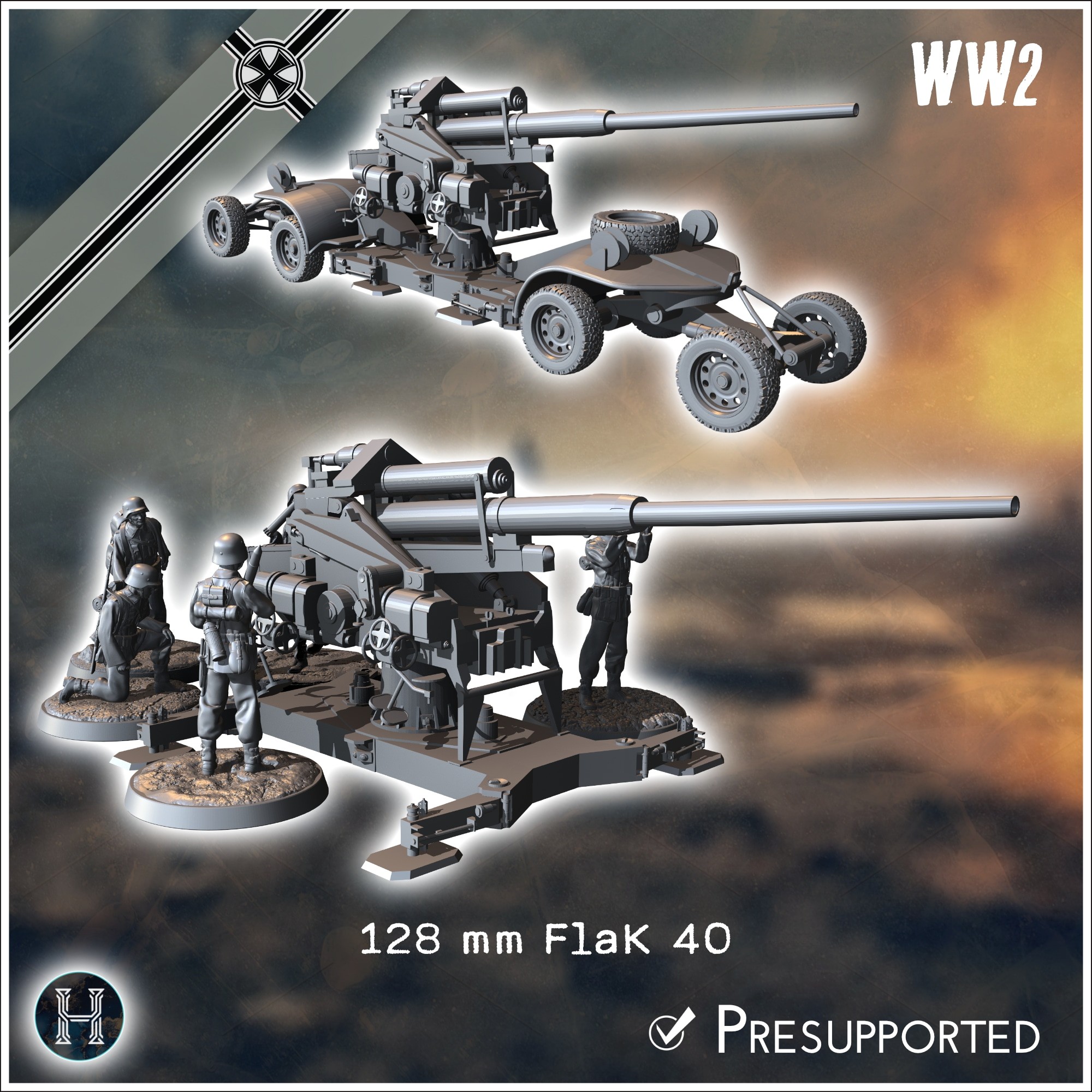 128 mm FlaK 40 heavy anti-aircraft gun (with 5 crews) - Germany Eastern Western Front Normandy Stalingrad Berlin Bulge WWII